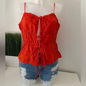 Orange linen blend tie up top
